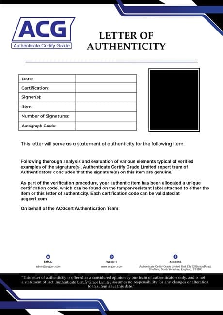 Image of an ACGcert Letter of Authenticity